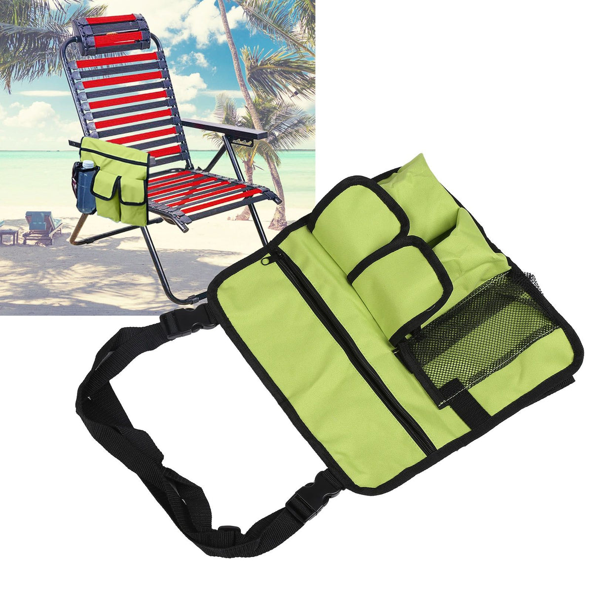 Green storage bag for snacks and outdoor seat, designed for kids, featuring a single shoulder strap and suspension storage by Everything Baby.