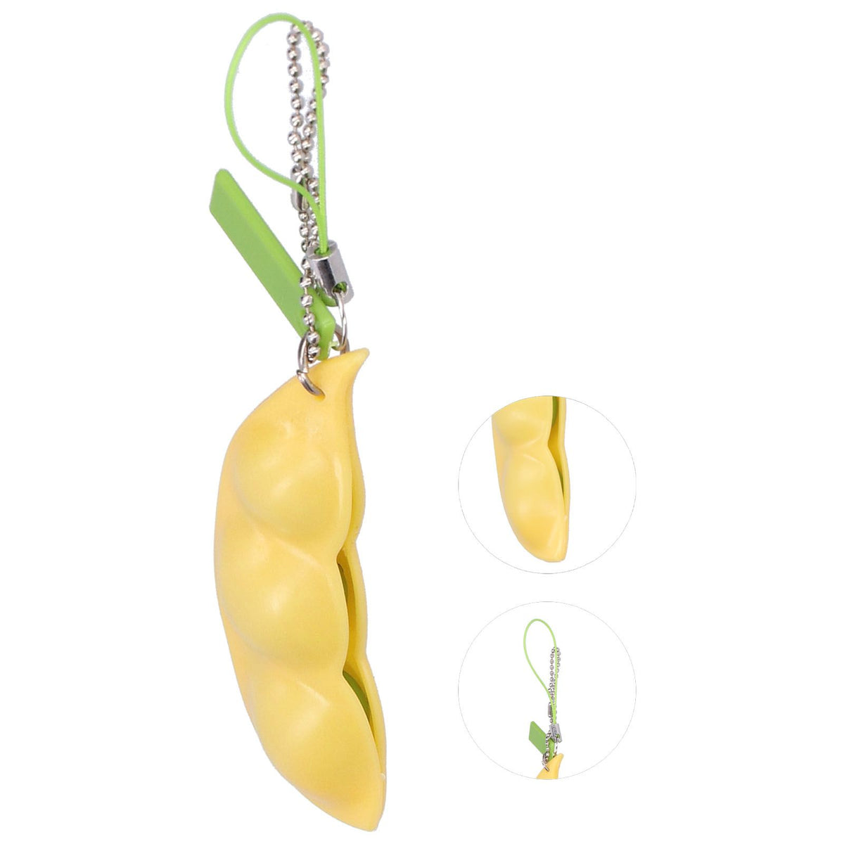 Edamame squeeze toy keychain pendant for stress relief, designed for adults and kids, from Everything Baby, featuring vibrant green soybeans.