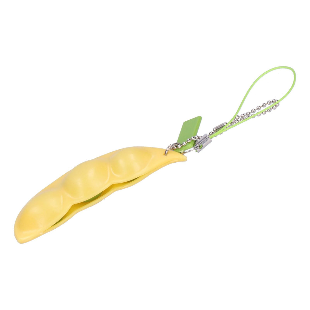 Edamame squeeze toy keychain pendant for stress relief, made by Everything Baby, suitable for kids and adults.
