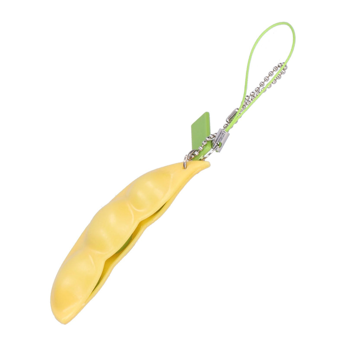 Edamame squeeze toy keychain for stress relief, featuring a realistic green edamame pod, perfect for kids and adults.