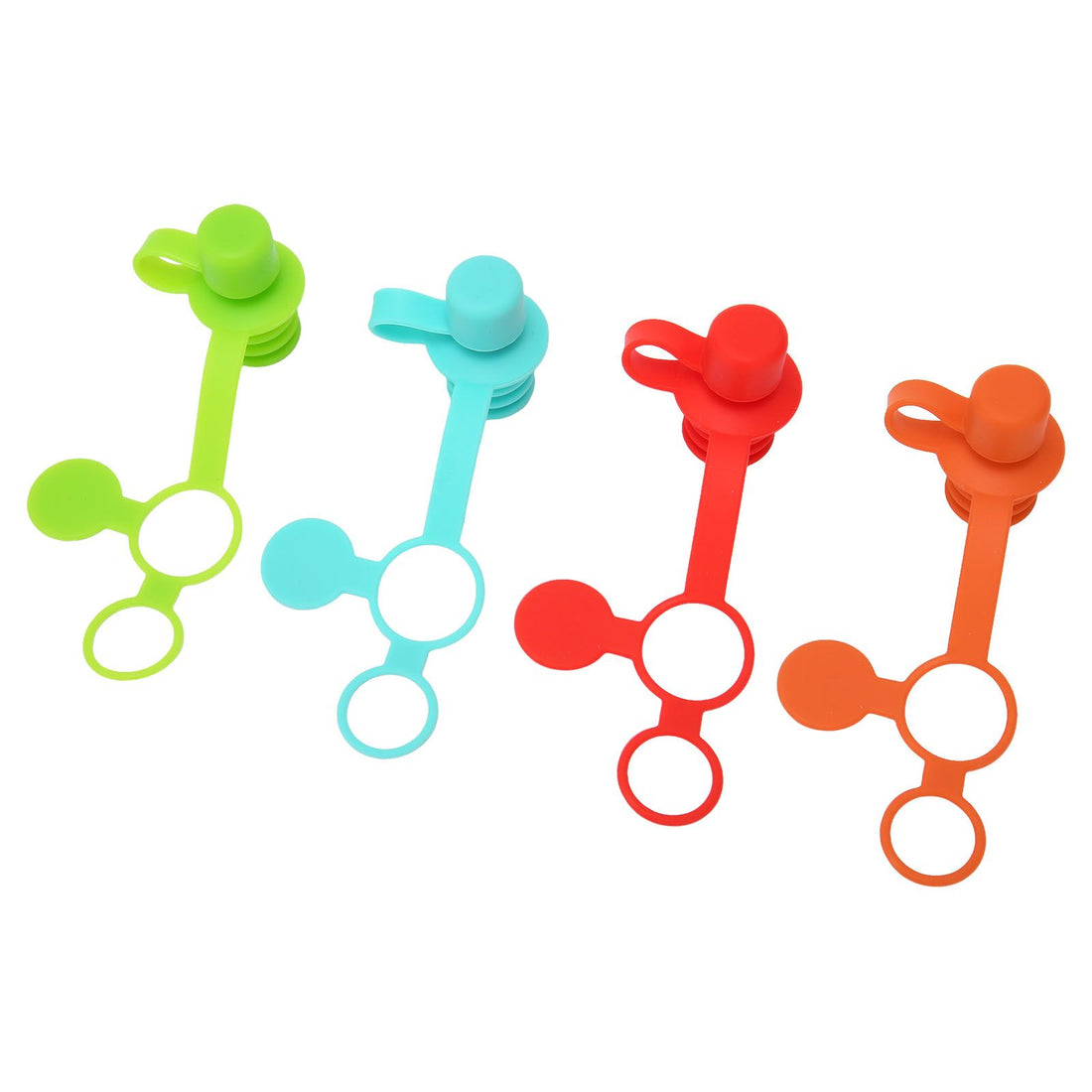 Set of four colorful silicone baby water bottle caps with spouts and straws in orange, red, blue, and green for toddler feeding.