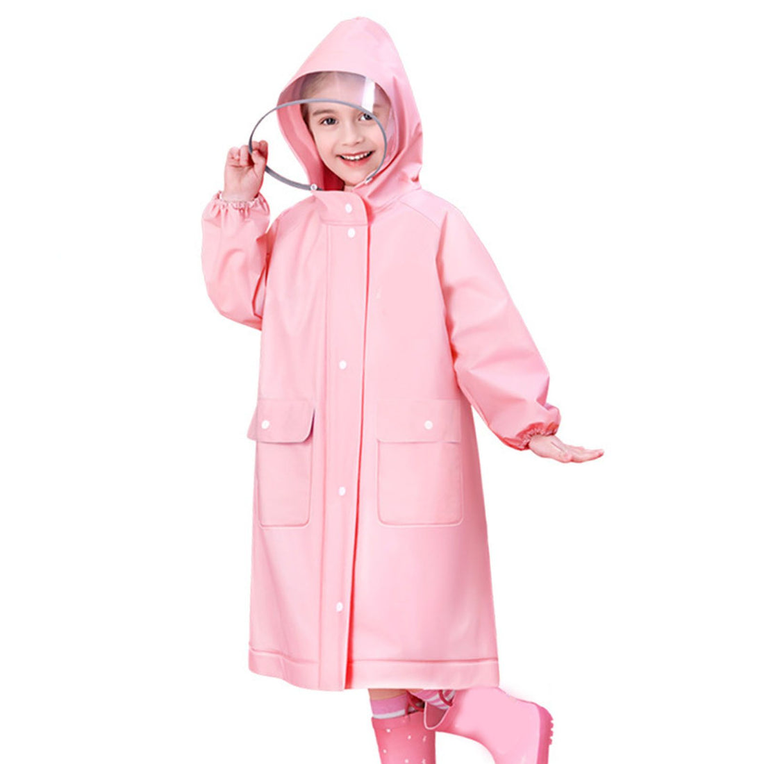 Pink kids raincoat by Everything Baby, lightweight waterproof jacket with backpack slot, durable and cute for girls size S.