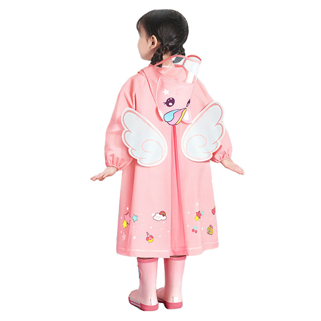 Pink waterproof kids raincoat with cute pattern, lightweight and hooded, suitable for boys and girls, by Everything Baby.