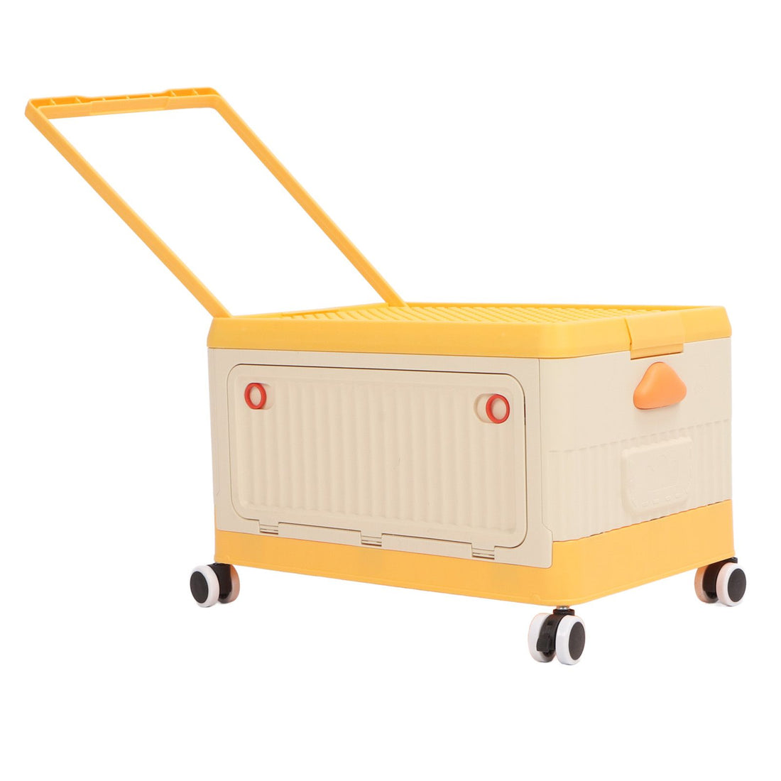 Orange rolling toy storage bin with lid and wheels, ideal for kids' building blocks and toy organization.