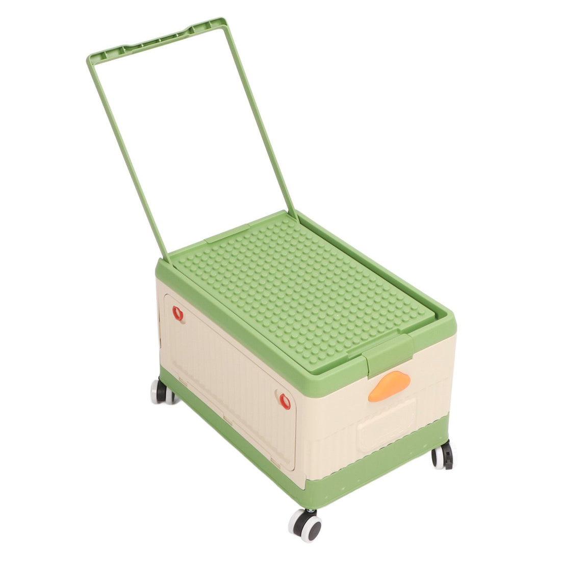 Green rolling toy storage bin with lid and wheels, ideal for kids' building blocks and toy organization by Everything Baby.