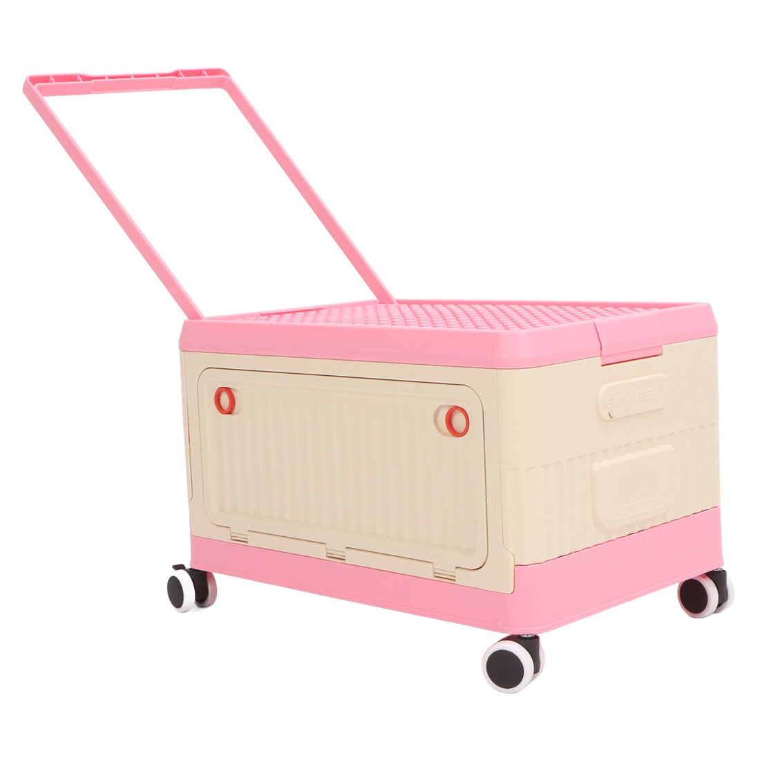 Pink rolling toy storage bin with lid and wheels, ideal for kids' building blocks and toy organization, from Everything Baby.