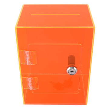 Clear acrylic piggy bank with red lid, sturdy design, openable with 2 keys, for saving cash and coins for kids and adults.