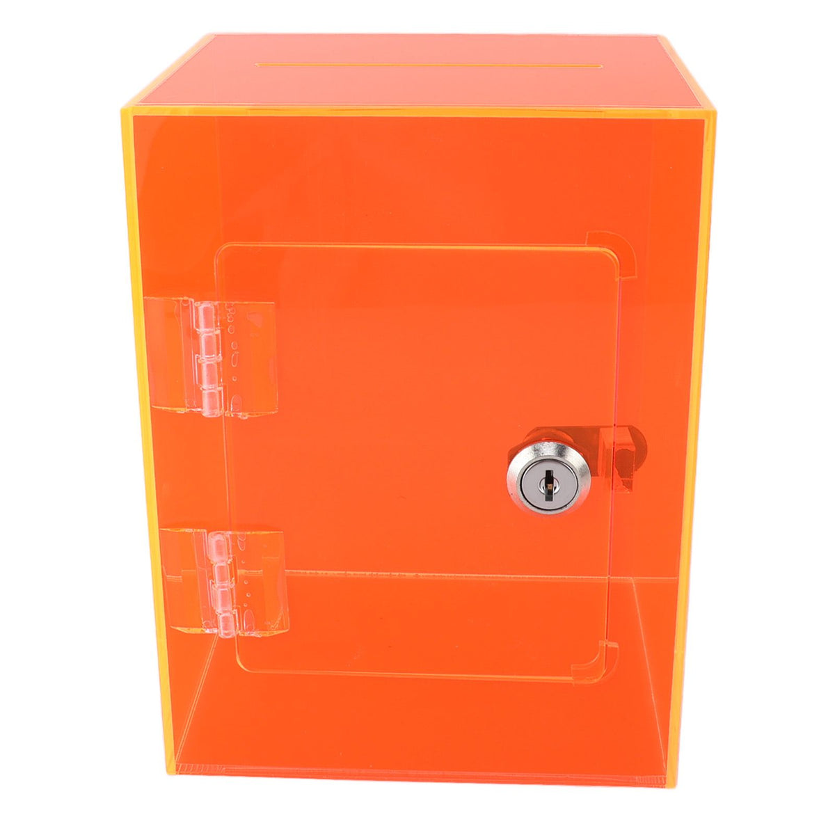 Clear acrylic piggy bank with red lid, sturdy and openable, designed for kids and adults to save cash and coins, with two keys.