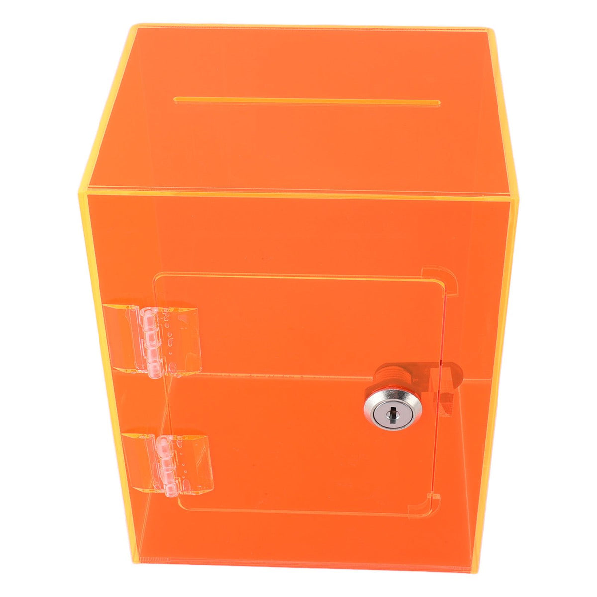 Clear acrylic piggy bank with red accents, openable with 2 keys, for kids and adults to save cash and coins.