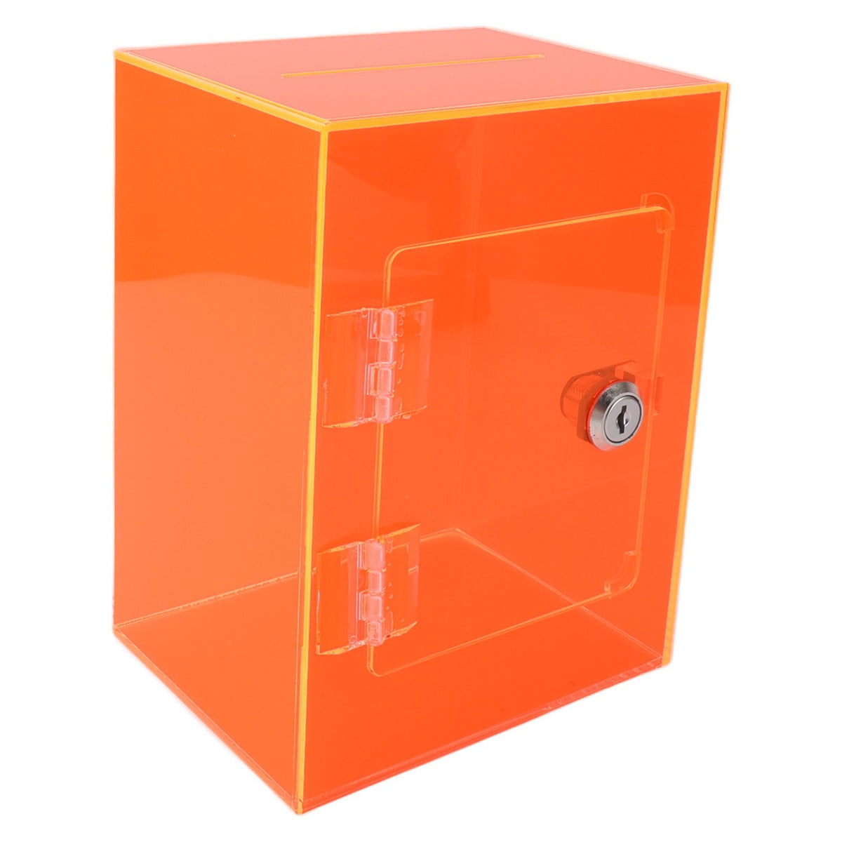 Clear acrylic piggy bank for kids and adults, sturdy money saving jar with keys, designed for cash and coins, red color.