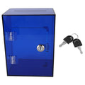 Clear acrylic piggy bank for kids and adults, blue, sturdy with openable lid, includes 2 keys for saving cash and coins.