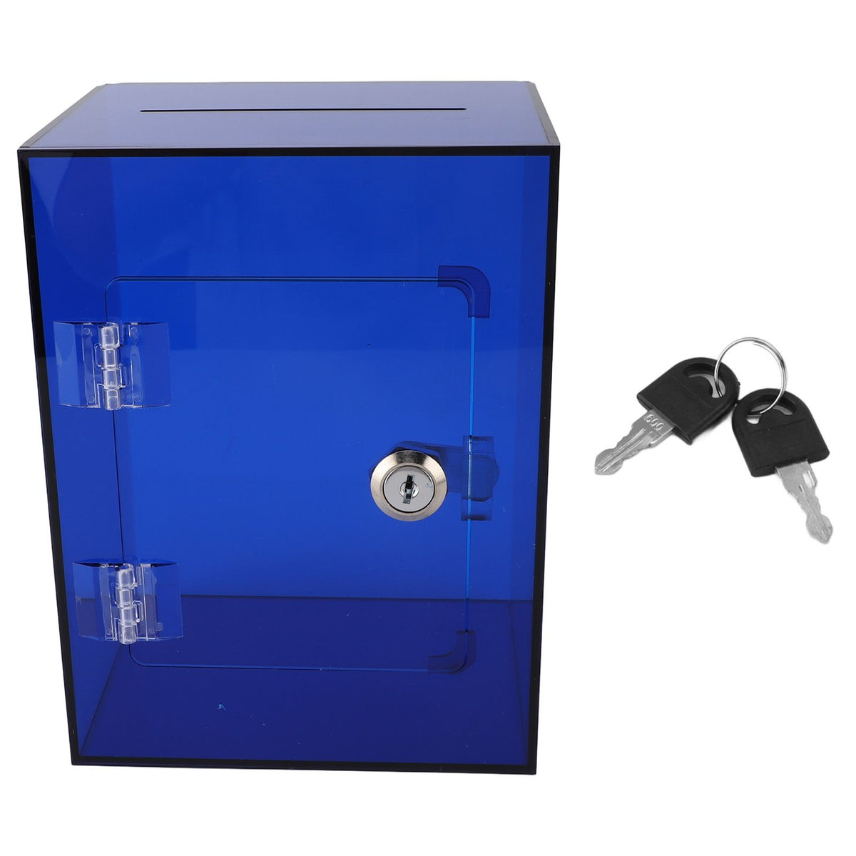 Clear acrylic piggy bank for kids and adults, blue, sturdy with openable lid, includes 2 keys for saving cash and coins.
