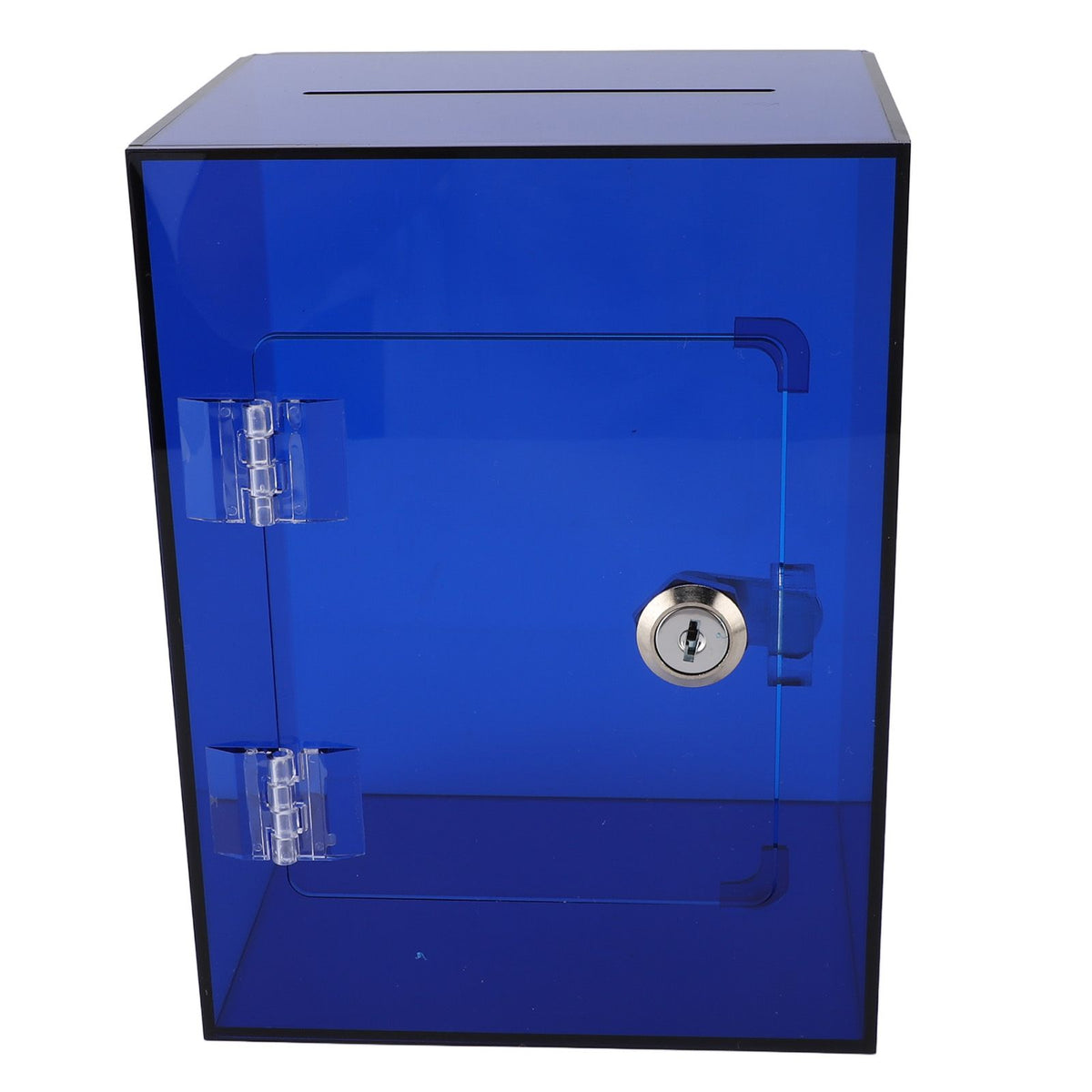 Clear acrylic piggy bank for kids and adults, blue, large sturdy money jar with openable lid and 2 keys for cash and coins.