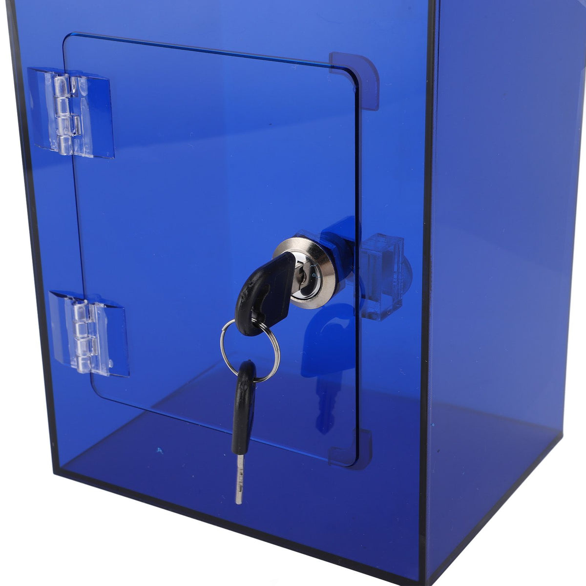 Clear acrylic piggy bank for kids and adults, sturdy blue money-saving jar with openable lid and 2 keys, from Everything Baby.