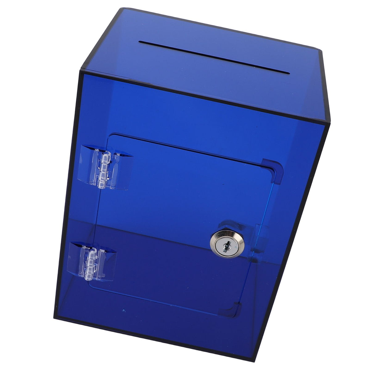Clear acrylic piggy bank for kids and adults, sturdy blue money saving jar with openable lid and 2 keys, ideal for cash and coins.