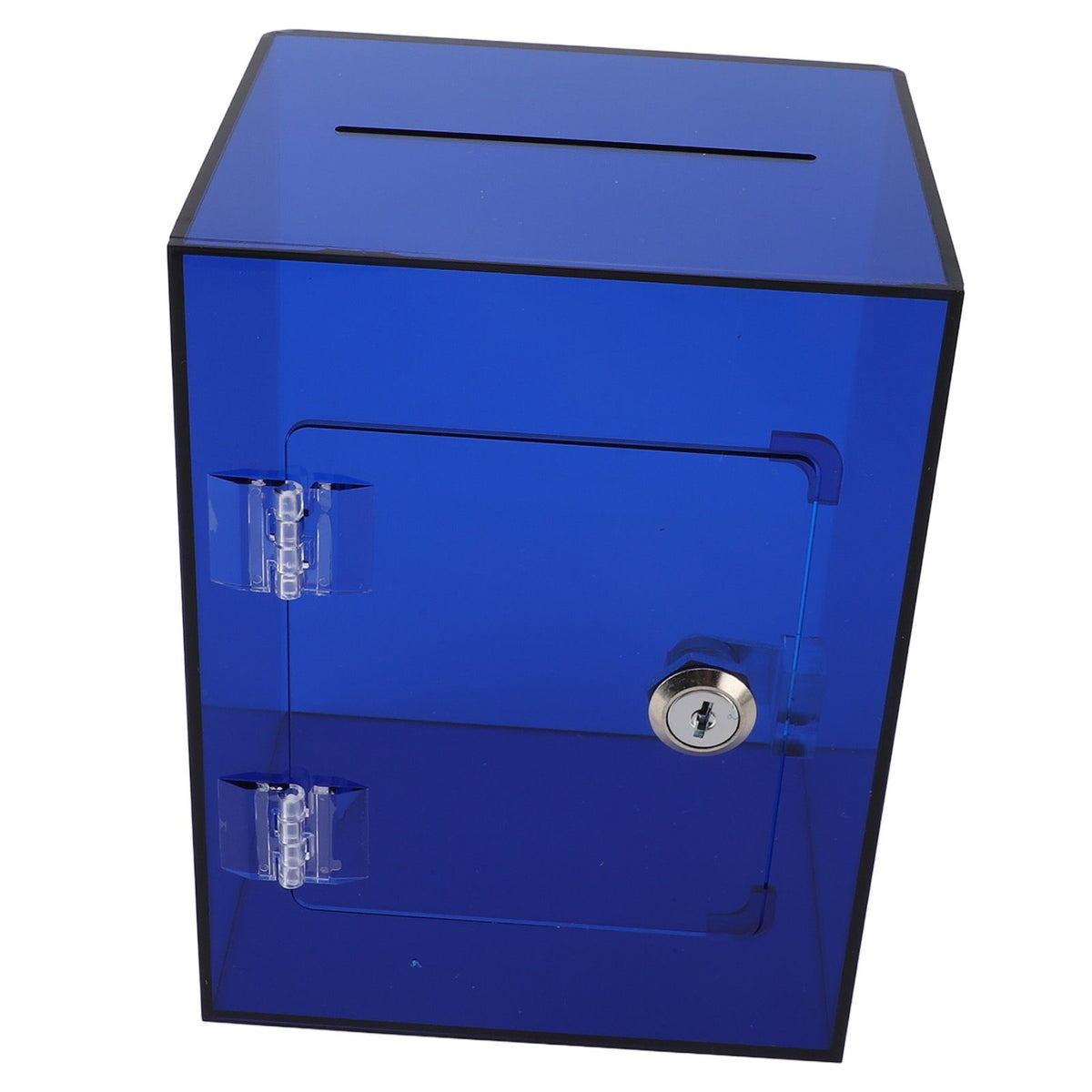 Blue acrylic piggy bank for kids and adults, sturdy openable money saving jar with keys, designed for cash and coins.