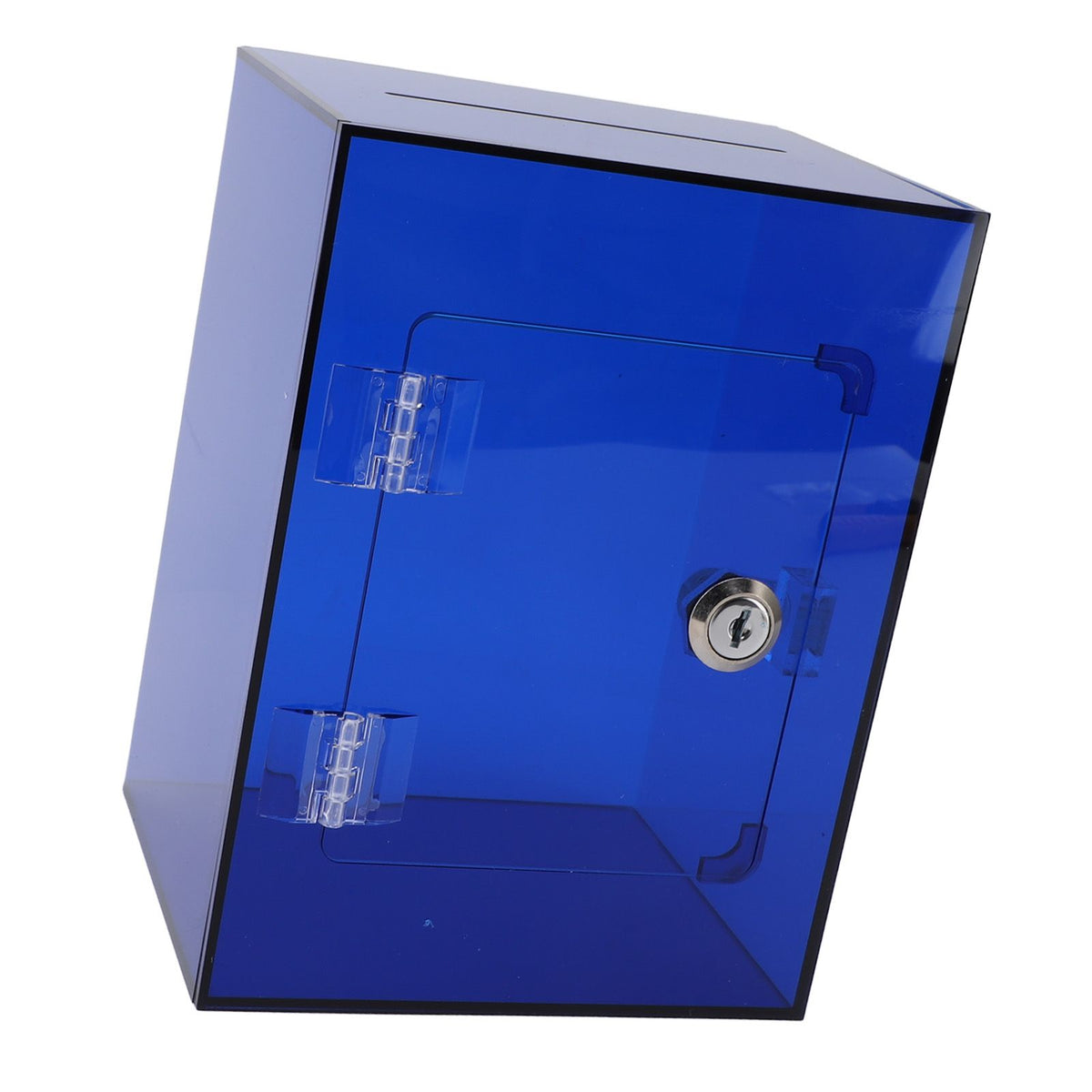 Clear acrylic piggy bank for kids and adults with blue finish, large sturdy money saving jar with openable lid and 2 keys.