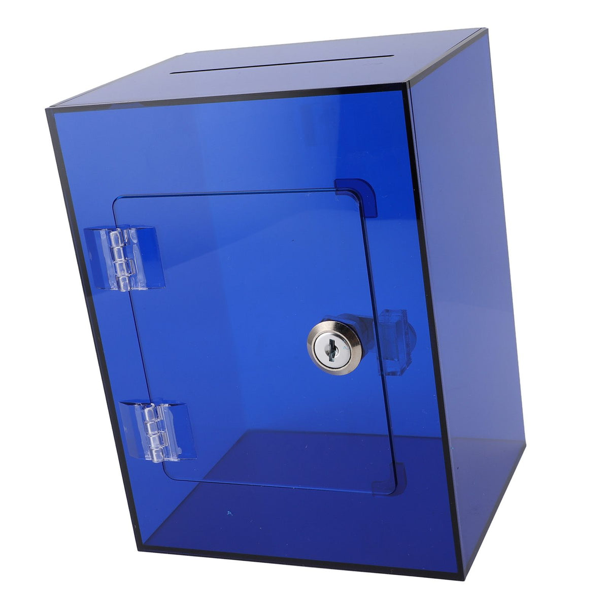 Blue clear acrylic piggy bank for kids and adults, openable with two keys, sturdy money saving jar for cash and coins.