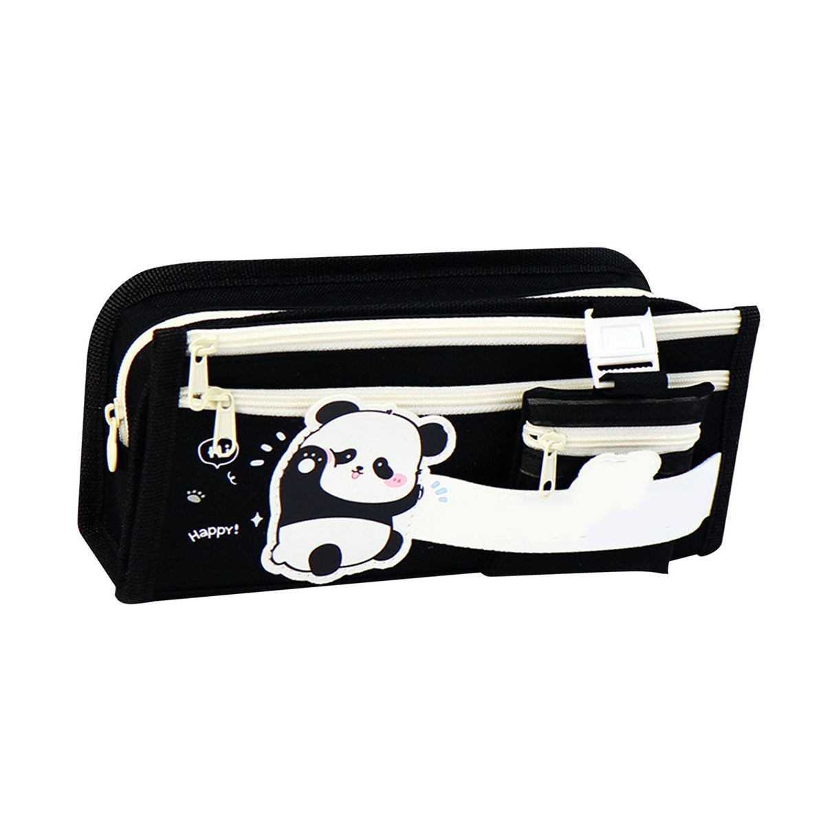 Large capacity panda pattern pencil case with multiple compartments, made of Oxford cloth, ideal for school and office supplies.