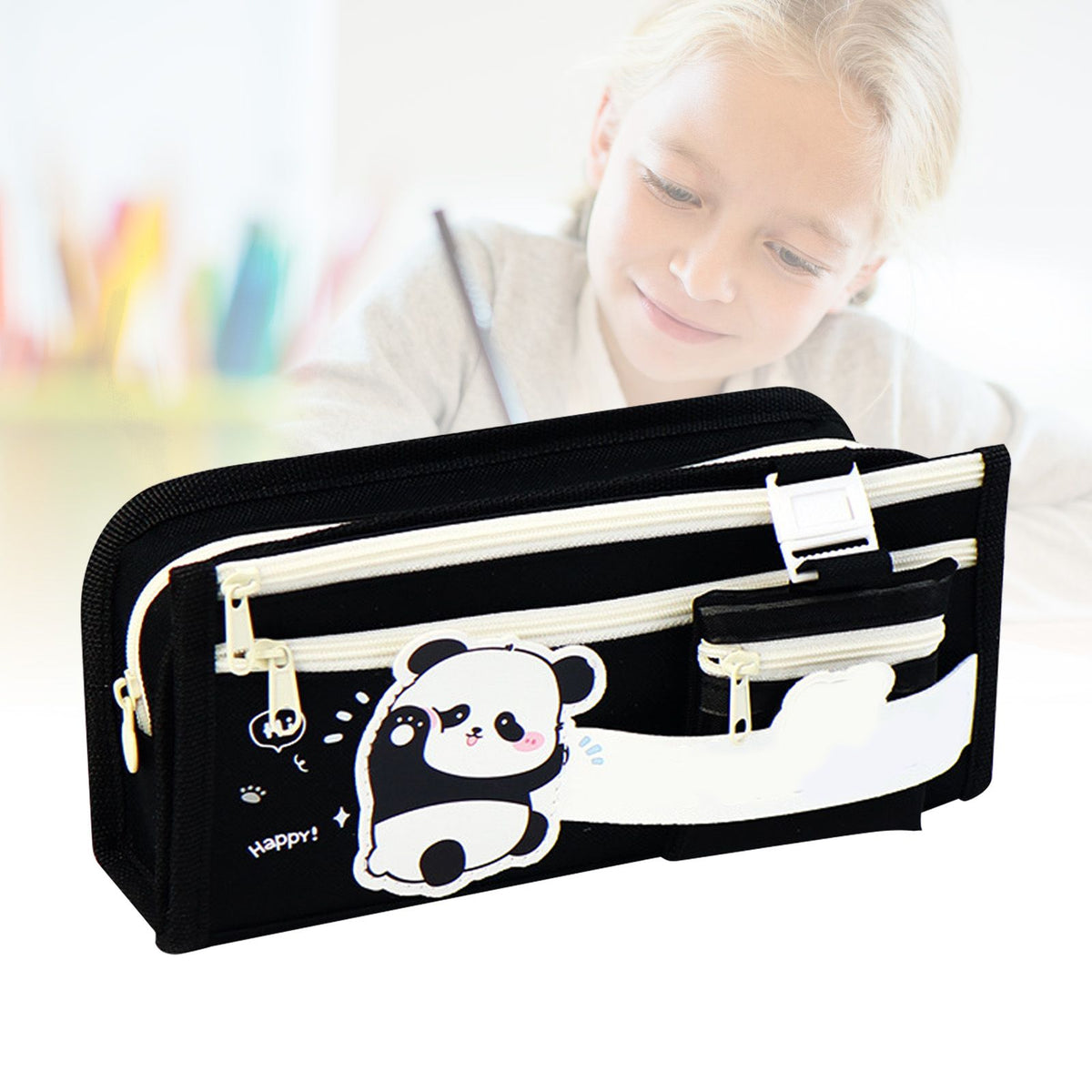 Large capacity pencil case with cute panda cartoon design, multi-compartment Oxford cloth pouch for school and college use.