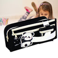 Large panda-patterned pencil case with multiple compartments, made of Oxford cloth, ideal for school, office, or college use.