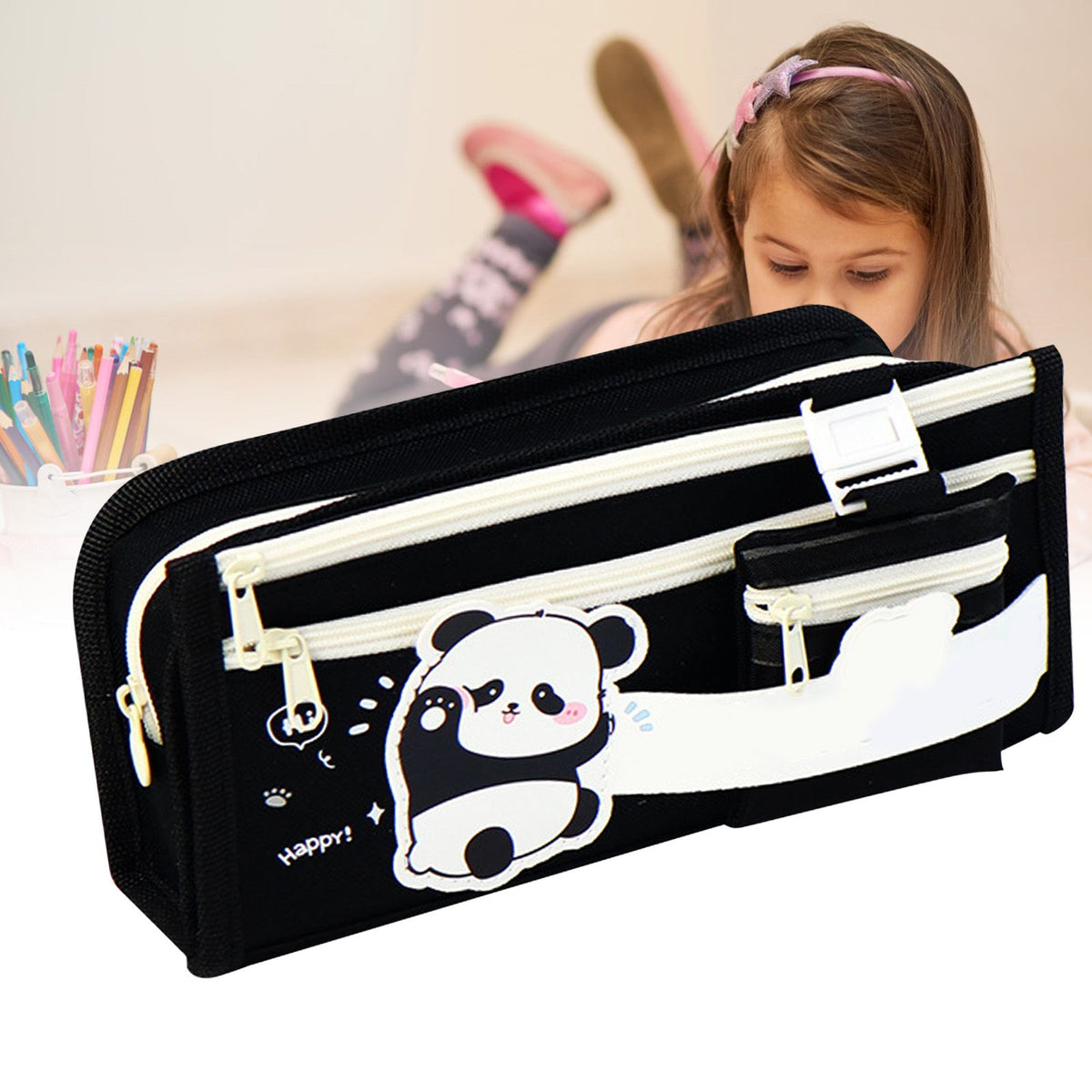 Large panda-patterned pencil case with multiple compartments, made of Oxford cloth, ideal for school, office, or college use.