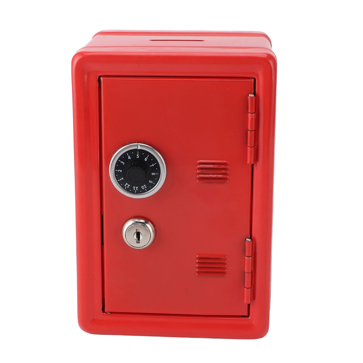 Red metal money bank with lock and keys, creative and cute design, suitable for kids' home use, part of baby and kids coin storage collection.