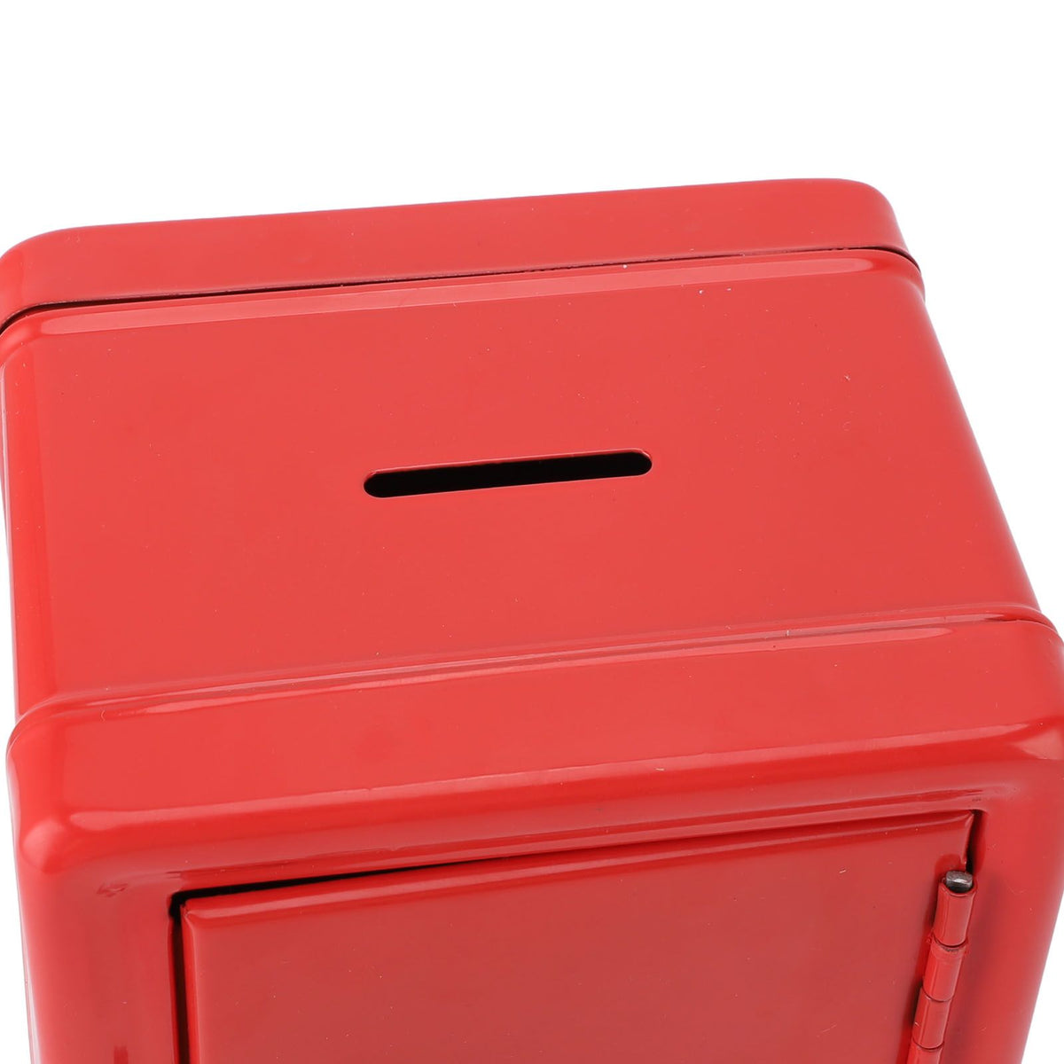 Red metal money bank with lock and keys, creative cute design for kids, used as a cash and coin box for home use.