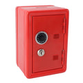 Red metal money bank with lock and keys, creative cute design, suitable for home use, part of baby and kids pen and pencil case collection