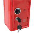 Red metal money bank with lock and keys, designed as a cute vertical coin box for home use, suitable for kids or babies.