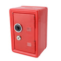Red metal money bank with lock and keys, designed as a cute vertical cash coin box for kids and home use