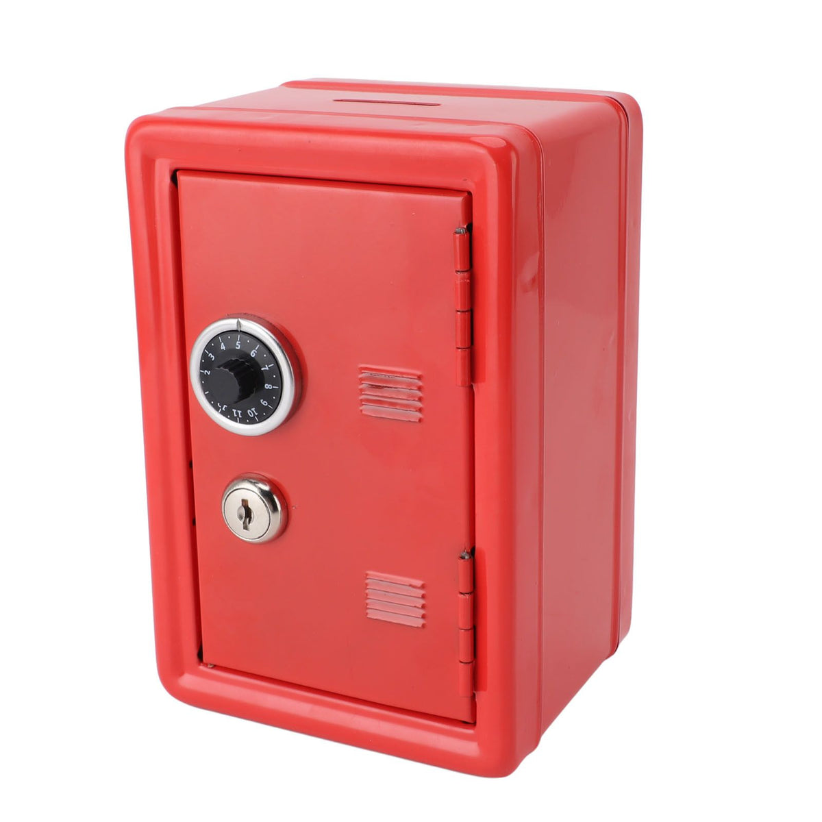 Red metal money bank with lock and keys, designed as a cute vertical cash coin box for kids and home use