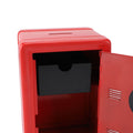 Red metal money bank with lock and keys, designed as a cute vertical coin box for home use, suitable for kids or babies.