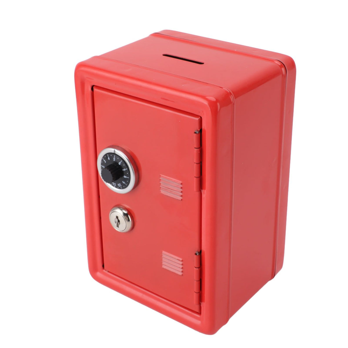 Red metal money bank with a lock and keys, designed for home use, featuring a creative, cute vertical design for kids.