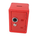 Red metal money bank with lock and keys, designed as a cute vertical coin box for home use, suitable for kids and children.