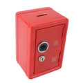 Red metal money bank with lock and keys, creative cute design, suitable for children, used as a cash coin box for home.