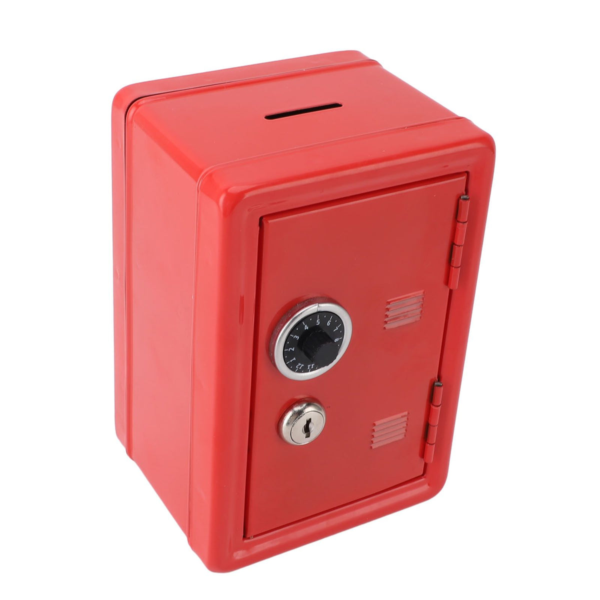 Red metal money bank with lock and keys, creative cute design, suitable for children, used as a cash coin box for home.