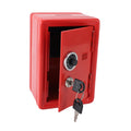 Red metal money bank with lock and keys, creative cute design, used for saving coins and cash, suitable for home use.