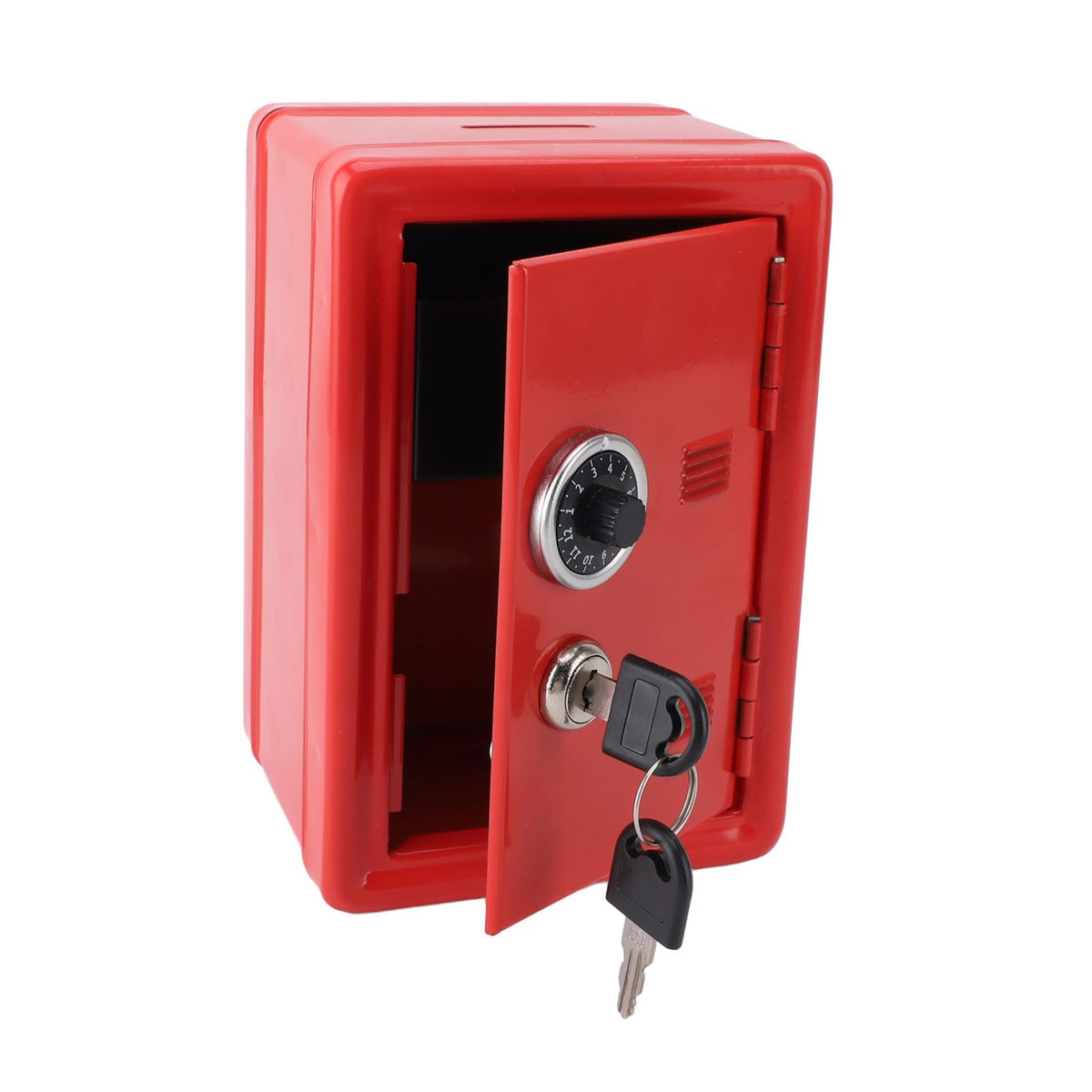 Red metal money bank with lock and keys, creative cute design, used for saving coins and cash, suitable for home use.