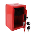 Red metal money bank with lock and keys, creative cute design, for cash and coins, ideal for home use and kids.