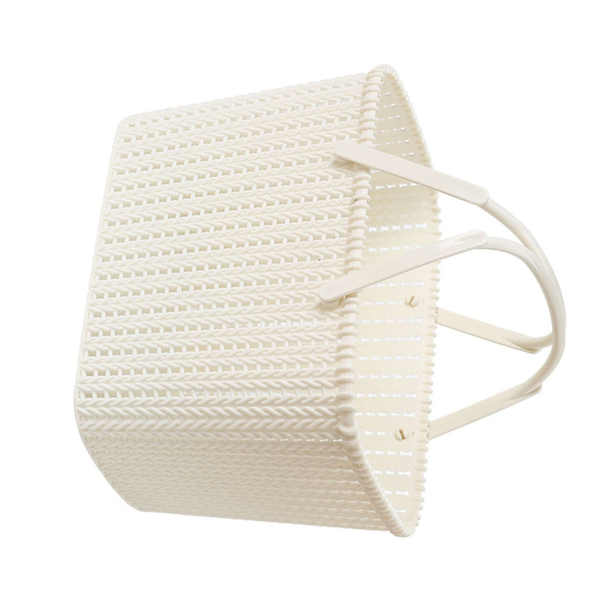Beige imitation rattan woven plastic basket for holding fruits, handheld storage basket for home use, by Everything Baby