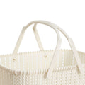 Beige imitation rattan woven plastic basket for storing fruit, handheld design, ideal for home use, by Everything Baby.
