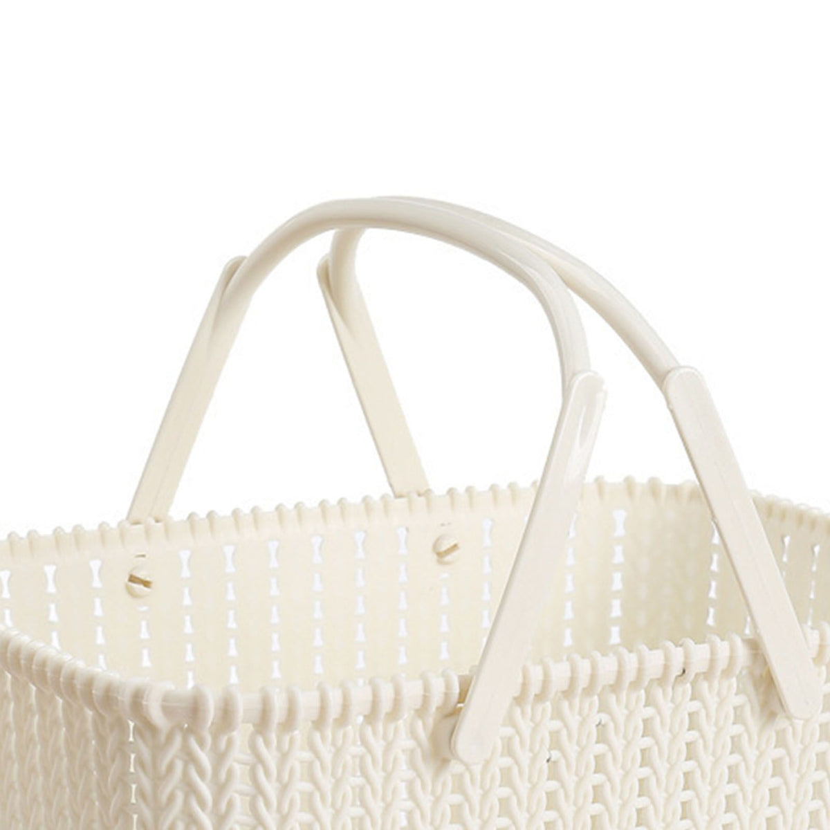 Beige imitation rattan woven plastic basket for storing fruit, handheld design, ideal for home use, by Everything Baby.