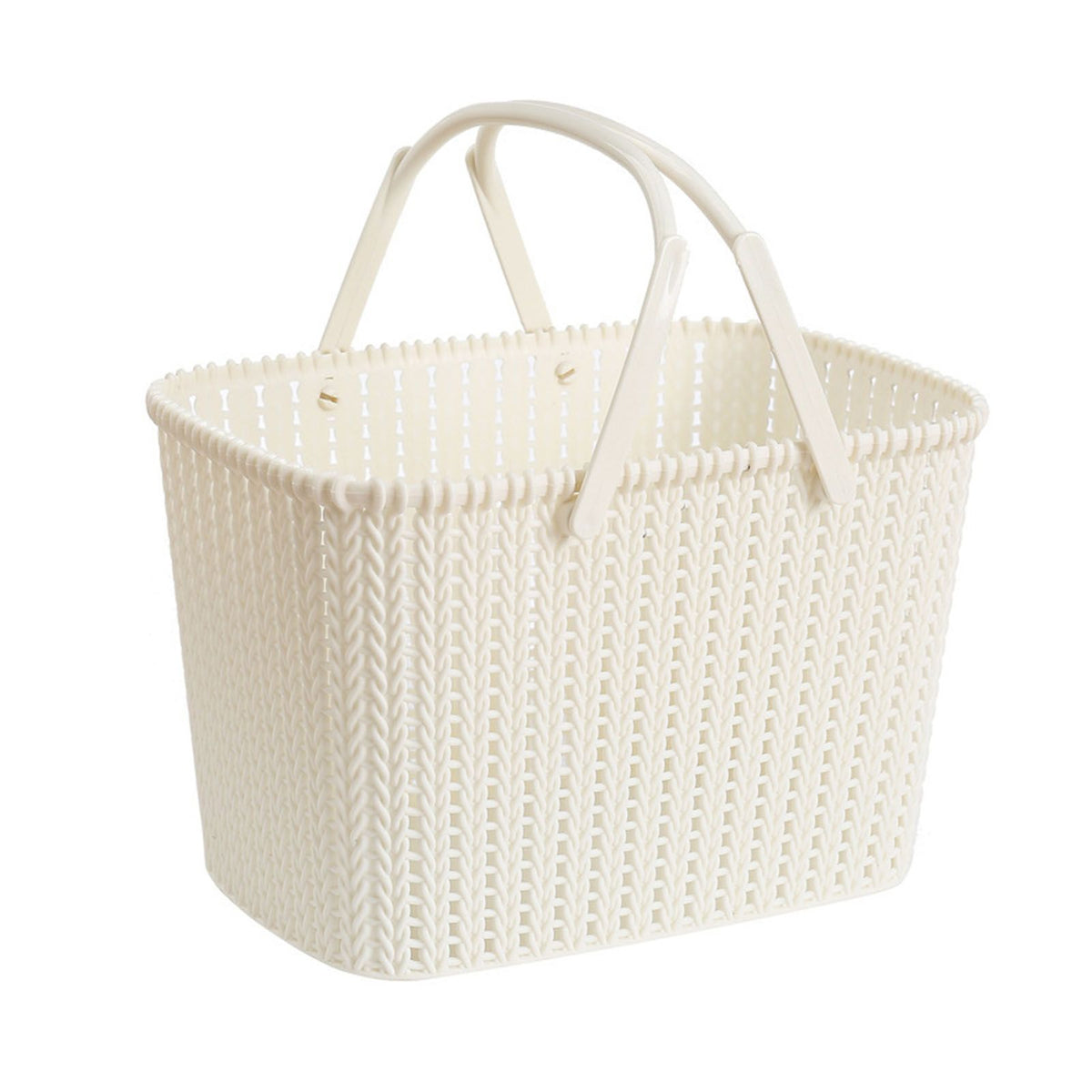 Beige imitation rattan woven plastic basket for fruit storage, handheld design, suitable for home use, by Everything Baby.