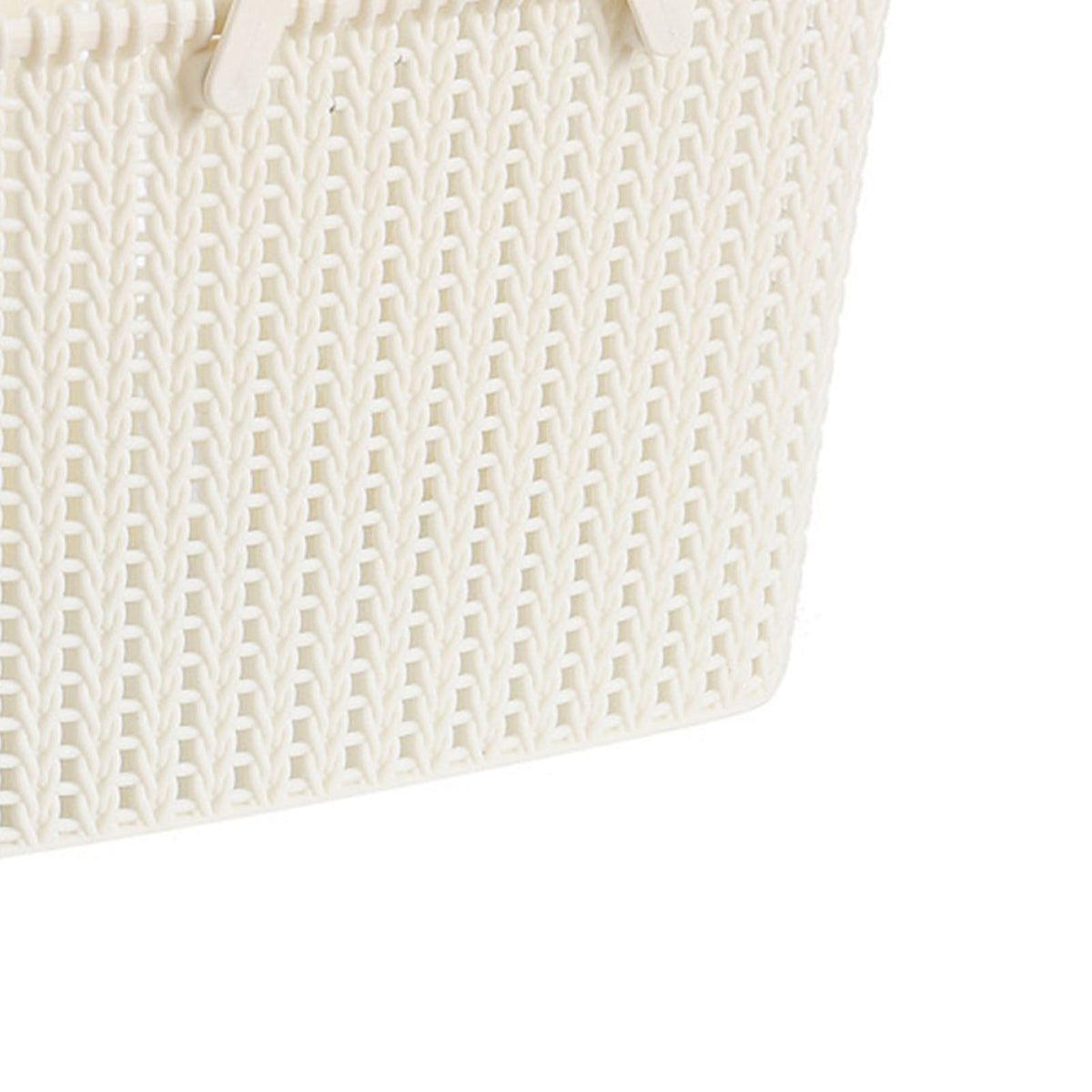 Beige imitation rattan woven plastic basket for fruit storage, handheld design, suitable for home use, by Everything Baby.