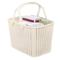Beige imitation rattan woven plastic basket for fruit storage, handheld design, suitable for home use, by Everything Baby