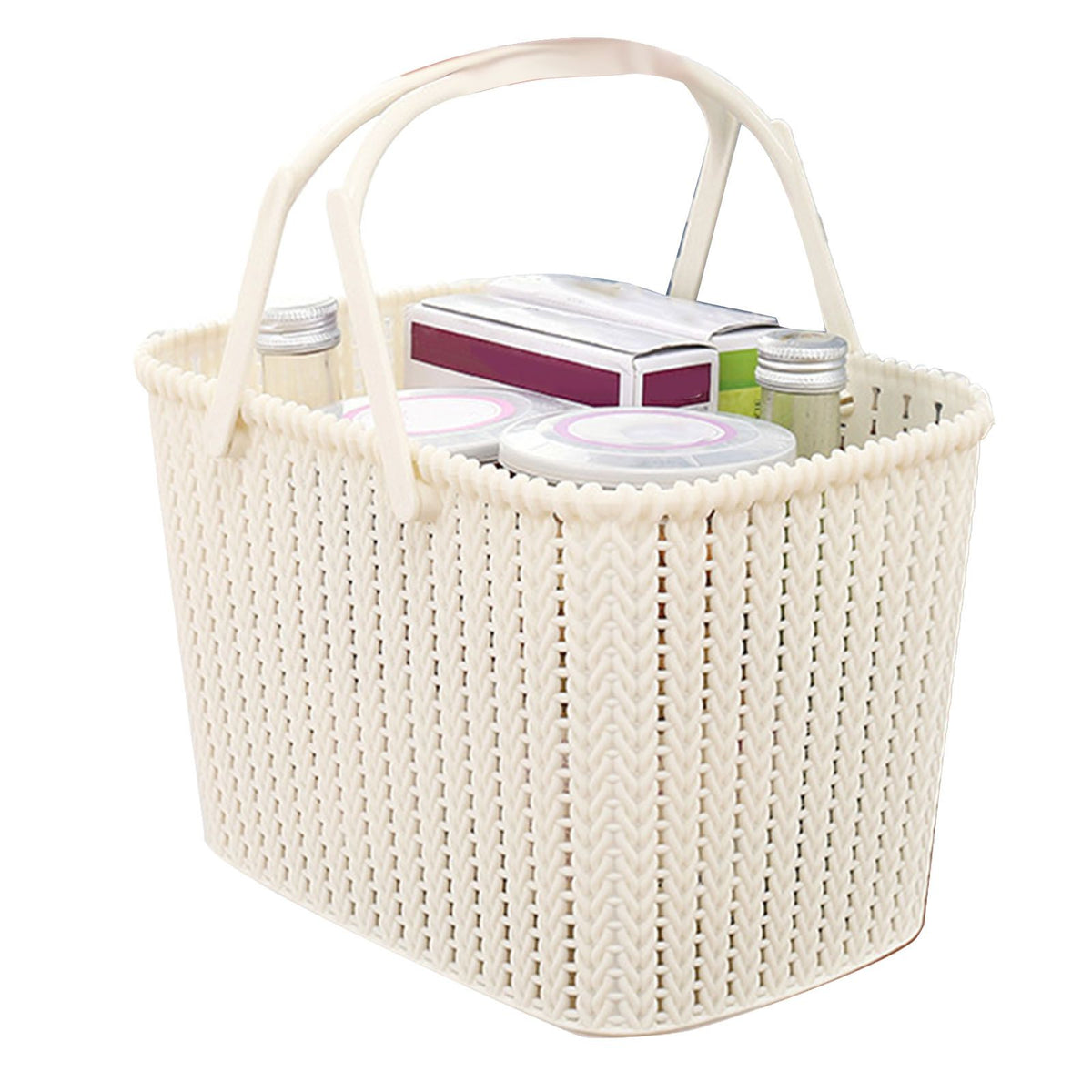 Beige imitation rattan woven plastic basket for fruit storage, handheld design, suitable for home use, by Everything Baby