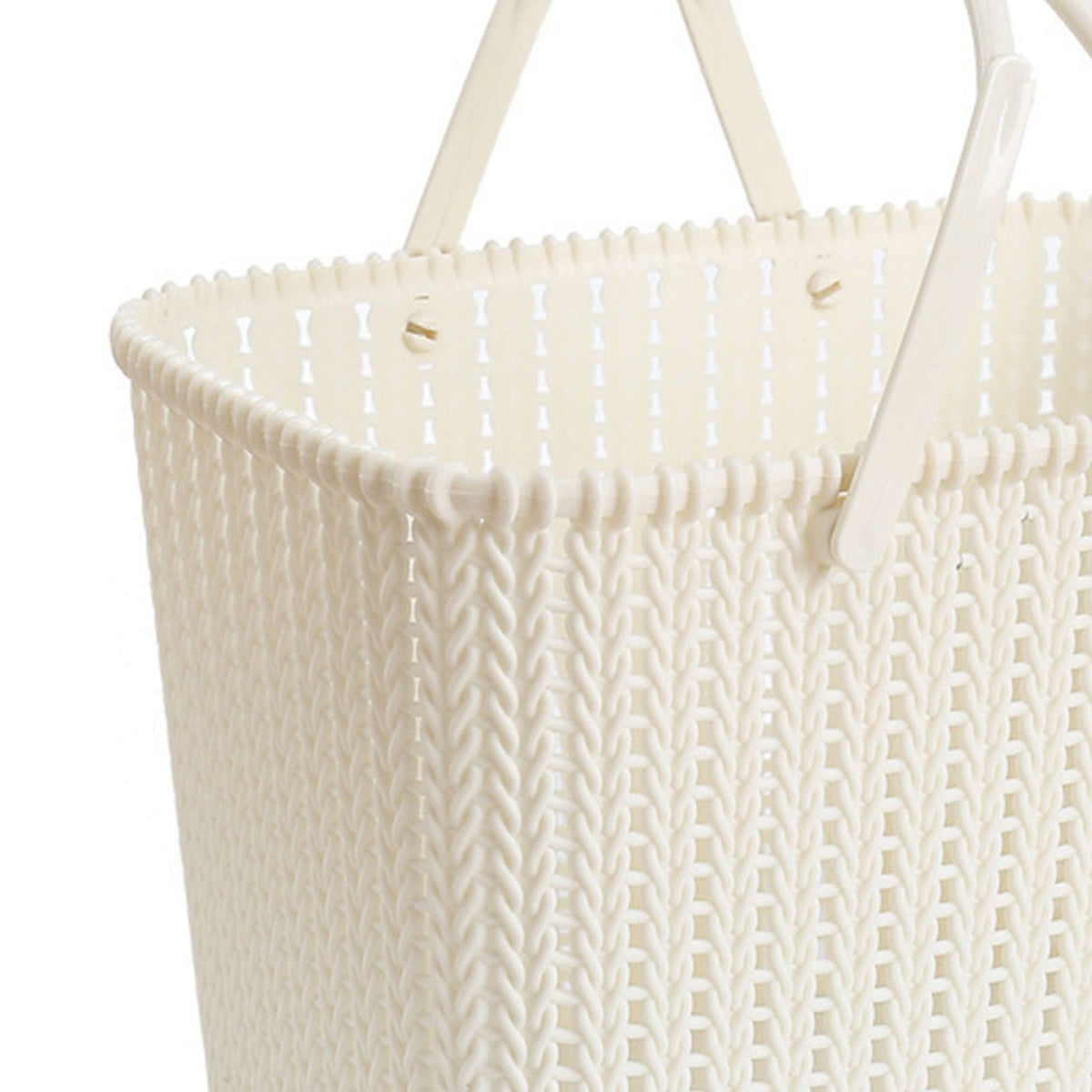 Beige imitation rattan woven plastic basket for fruit storage, handheld design, suitable for home use, by Everything Baby.