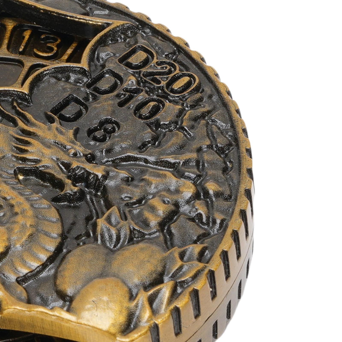 Antique brass 7-in-1 metal spinner dice set with rotatable zinc alloy construction for tabletop role-playing games and outdoor play.