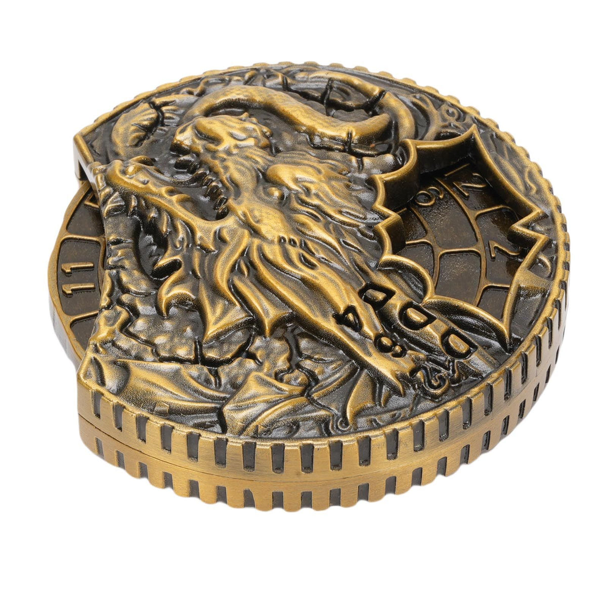 Antique brass 7-in-1 metal spinner dice for tabletop role-playing games with rotatable zinc alloy design.
